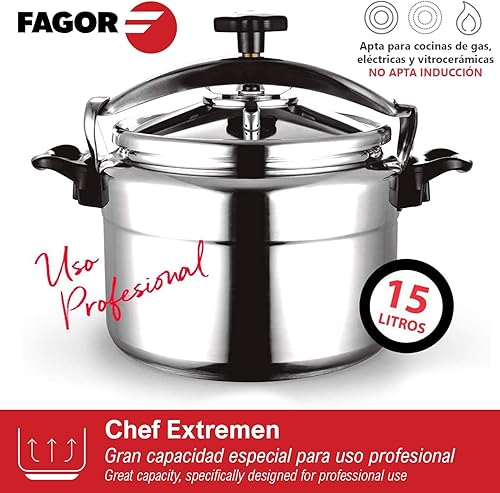 Fagor Chef Extremen - Autocuiseur Rapide, Aluminium Extra Épais, Usage professionnel, 3 Systèmes de Sécurité, NON COMPATIBLE AVEC INDUCTION (15 LITRES) - Nail Gallerys