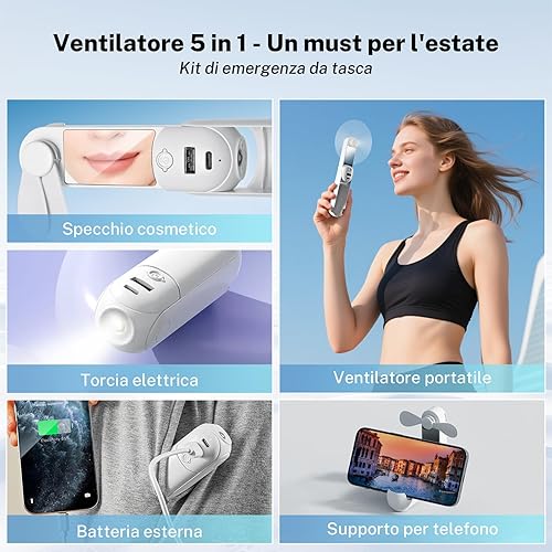 COCOSY Mini ventilateur portable 5-en-1 USB rechargeable 2200 mAh, 3 vitesses ventilateur de bureau pliable avec lampe de poche LED, miroir cosmétique, Power Bank - pour maison/voyage, bureau - Nail Gallerys