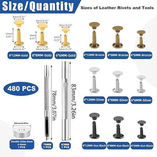 480 Ensemble Rivets en Cuir 4 Couleurs Double Cap Rivets pour Cuir 3 Tailles Double Rivet Goujons Tubulaires en Métal pour Bricolage Artisanat en Cuir, Vêtements, Chaussures, Décoration et Réparation - Nail Gallerys