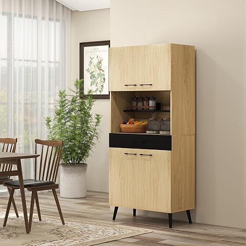 HOMCOM Armoire de Cuisine Buffet de Cuisine Multi-rangements étagères réglables Hauteur 178 cm avec tiroir 2 placards 1 Niche et Passe-câbles Noir et Bois Naturel - Nail Gallerys