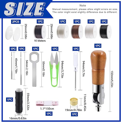Glarks Kit de 13 alênes de couture pour cuir - Outil de réparation de point de couture - Poinçon à coudre à la main - 5 bobines de fil de couleurs avec aiguilles droites et pliées, dé à coudre, mètre - Nail Gallerys