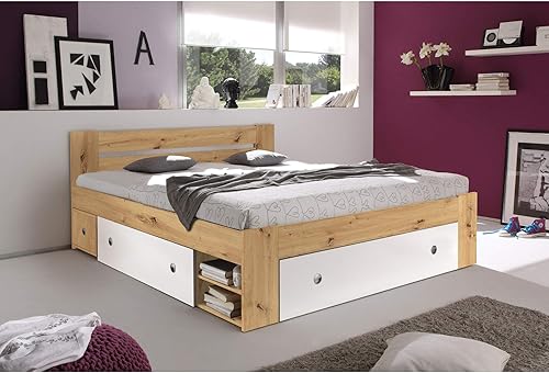 Stella Trading STEFAN Lit double moderne 180 x 200 cm avec 2x chevets - Ensemble de chambre à coucher complet en Chêne Artisan, Blanc - 185 x 86 x 204 cm - Nail Gallerys