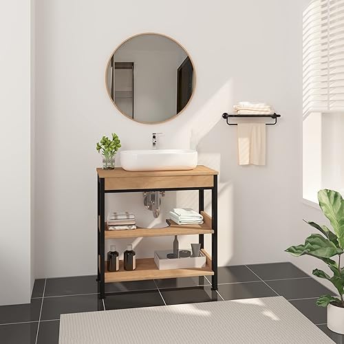 eSituro Meuble sous Lavabo de Salle de Bain à 3 Étagères sur Pied, Étagère de Rangement sous Vasque, Structure Métal - Bois Artificiel, Chêne Clair - Noir, 60x30x60 cm - Nail Gallerys