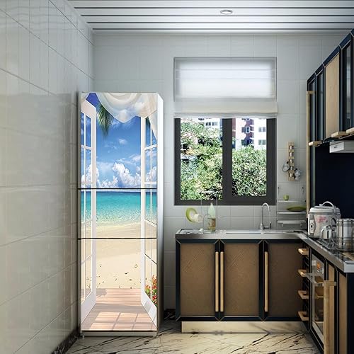 Stickers autocollants pour frigo, autocollant de réfrigérateur couvrant entièrement la porte du réfrigérateur, autocollants muraux pour décalcomanie cuisine, paysage marin de plage de fenêtre blanche - Nail Gallerys