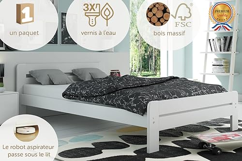 Interbeds Lit Simple/Double - pin Massif-Bois- avec Sommier à Lattes - Cadre de Lit - Assemblage Facile (Blanc, 120x200) - Nail Gallerys