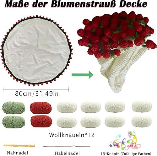 Bouquet de fleurs - Couverture tricotée à la main - 80 x 80 cm - Avec bouquet de roses - Pour le bricolage - Pour femme - Cadeau pour la fête des mères et la Saint-Valentin - Nail Gallerys