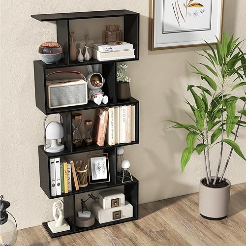 GIANTEX Bibliothèque à 5 niveaux, 70 x 23,5 x 158 cm, séparateur de pièce, en bois, en forme de S, étagère de rangement pour salon, chambre à coucher, bureau (noir) - Nail Gallerys