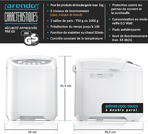 Arendo - Machine à pain 13 programmes, Bread maker machine 580 W, Home bread baguette pain maison - 750 à 1000 g - maintien au chaud 60 min, présélection du temps, revêtement anti-adhésif, Sécurité GS - Nail Gallerys