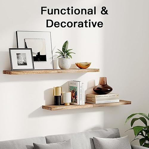 Lot de 2 étagères flottantes en paulownia naturel de 40 cm, faciles à installer, rangement mural, organiseurs en bois marron clair pour décoration d'intérieur - Nail Gallerys