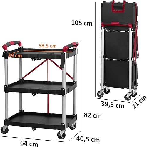 Mahlzeit Chariot de service pliable avec roulettes - 64 x 40,5 x 82 cm - Charge maximale : 150 kg - Étagère pliante à 3 niveaux - Étagère pliable à 3 étages - Étagère pliable (rouge/noir) - Nail Gallerys