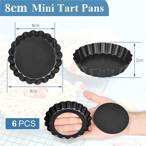 Hinapan Lot de 6 moules à tarte avec fond amovible de 7,6 cm - En acier au carbone - Pour mini tartelettes, usage domestique - Pour la maison, le restaurant - Nail Gallerys