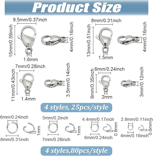 PH PandaHall 420pcs Fermoirs Mousquetons en Acier Inoxydable 304 avec Anneaux Ouverts 100pcs 4 tailles fermoir à Bijoux 320pcs connecteurs à Joint Torique pour Bijoux - Nail Gallerys