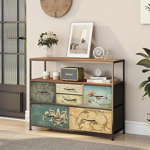 VEDECASA Commode avec 8 tiroirs en tissu, coiffeuse bohème, meuble TV pour chambre à coucher, buffet avec plateau en bois, tiroirs en tissu, structure en métal, pour salon, chambre à coucher, couloir - Nail Gallerys