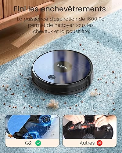 Thamtu G2 Aspirateur Robot, 130 Minutes de Fonctionnement, APP et Commande Vocale, Robot Aspirateur Mince, sans Enchevêtrement et Auto-Chargeant, Idéal pour Les Poils d'animaux, et Les Moquettes - Nail Gallerys