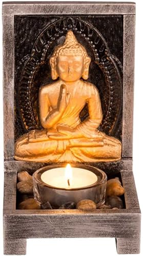 Set de décoration en bois « Bouddha doré » avec photophore en verre et pierres décoratives – 15 x 9 x 9 cm – Méditation Altaire - Nail Gallerys