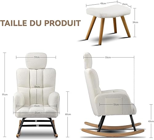 COMHOMA Fauteuil à Bascule, Fauteuil de Relaxation, avec accoudoirs Appui-tête Repose-Pieds, en Peluche, Charge maximale : 150 kg, Chaise Longue de Jardin pour Chambre à Coucher, Salon, Beige - Nail Gallerys