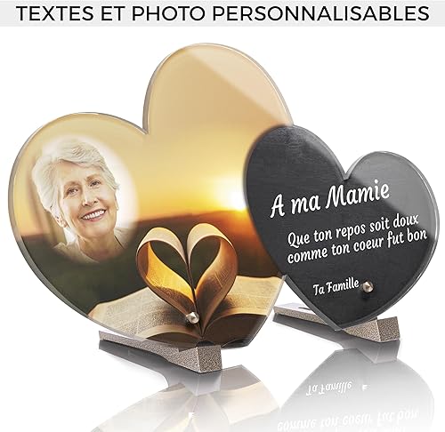Plaque Funéraire Double Coeur Personnalisée - Livre - Plaque funéraire Altuglass avec Textes Personnalisables, Photo - Résistante aux Intempéries et Traitée Anti UV (40x23,4 cm (Grand)) - Nail Gallerys