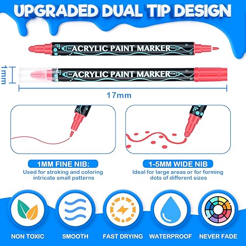 Sofore Feutre Acrylique, 12 Couleurs Pinceau Double Pointe Peinture Permanent Marqueur Acrylique Pour Peinture Rupestre Pierre, Bois, Verre, Plastique,Toile, Feutres Galets(Pointe Souple de 1 à 5 mm) - Nail Gallerys