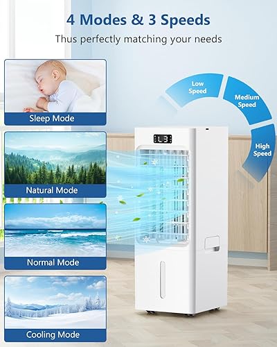 Climatiseur Mobile 4 en 1, Refroidisseur d'air, Humidificateur, loniseur, Réservoir 6L, avec 1-12H Minuterie, 3 Vitesses 4 Modes, 4 Pack Glacons,Télécommande, pour Maison Bureau Chambre - Nail Gallerys