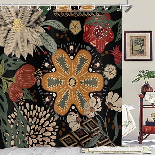 Hnmdmyi Rideau de Douche Noir Boho Fleurs 150x180, Vintage Abstrait Bohème Fleur Botanique Rideau de Baignoire Mid Century Moderne Esthétique Rétro Imperméable Polyester Tissu Lavable Rideau de Bain - Nail Gallerys