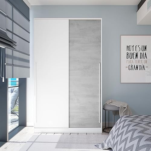 Armoire à 2 Portes coulissantes, Barre de Suspension et étagères, Armoire pour Chambre à Coucher, modèle Top 120, Finition Blanche Artik et Ciment, Dimensions : 120 cm (L) x 200 cm (H) x 50 cm (P) - Nail Gallerys