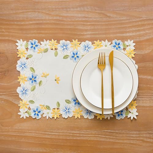 Lot de 2 napperons ronds en dentelle - Motif floral jaune et bleu - Pour décoration de mariage, anniversaire, dîner, fête - Nail Gallerys