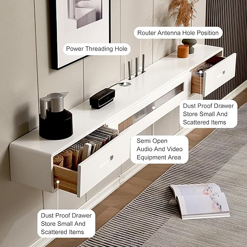 Meuble TV flottant, avec 2 tiroirs et porte en verre, armoire de divertissement, étagère murale pour salon et chambre à coucher (blanc, 140 cm) - Nail Gallerys