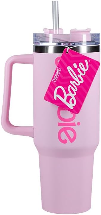 Paladone Barbie Bouteille H2O sous licence officielle avec logo rose, gobelet isotherme en acier inoxydable avec couvercle et paille pour eau, thé glacé ou café, PP13760BR - Nail Gallerys