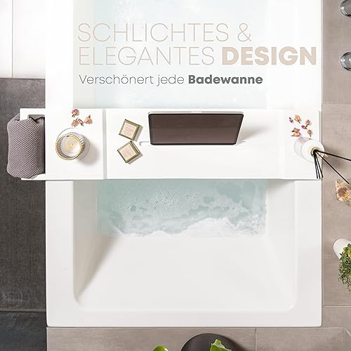 Pont de Baignoire Pampeliška Premium Blanche avec Porte-Serviettes en Bambou | Planche de Baignoire avec Support e-Book/Smartphone/Tablette | Porte-Verre à vin | Chandelier | Plateau de Bain - Nail Gallerys