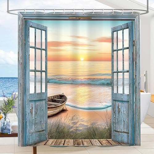 Dazzlewall Rideau de Douche de Plage Ocean Coastline, Rideau de Bain Rétro à Porte en Bois Lever et Coucher de Soleil 180x180cm, Tissu Résistant Moisissures Imperméable avec 12 Crochets - Nail Gallerys