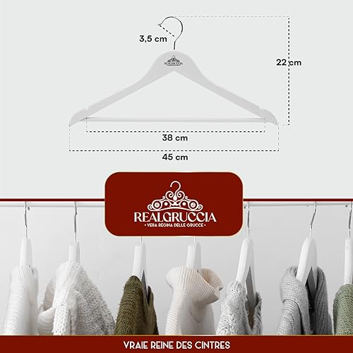 20 Cintres en Bois Adulte pour Chemises et Vêtements - RealGruccia Cintre Couleur Blanc avec Barre de Pantalon et Épaule avec Encoches Antidérapante Crochet Pivotant à 360° - 22x45cm - Nail Gallerys
