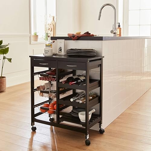 Alice's Home - Desserte de cuisine noire. chariot à roulettes - Charlotte - 2 tiroirs. 3 paniers. 2 étagères range bouteilles. 1 étagère - Nail Gallerys