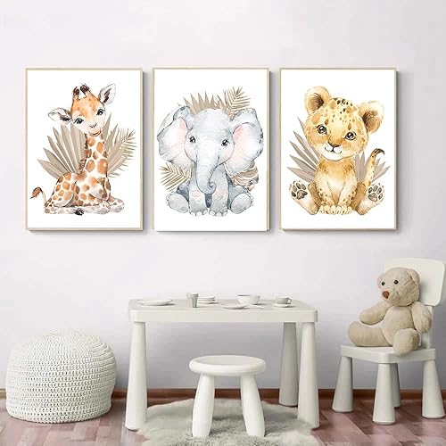3 Affiche Animaux de la Foret Chambre Bebe 30x40cm Poster Savane Enfant Affiches Lion Elephant Girafe Tableau Animaux Jungle Enfant Toile Décoration Murale Chambre Bébé Fille Garcon Cadeau sans Cadre - Nail Gallerys