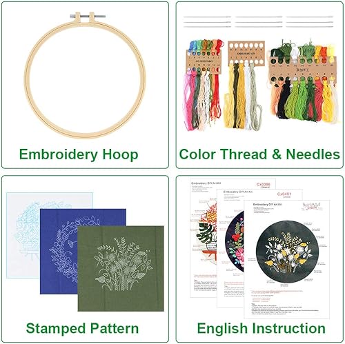 Ensemble de 3 kits de démarrage de broderie avec motif et instructions, gamme complète de kit de broderie pour débutants, kit de point de croix avec cerceaux de broderie, outils de fils de couleur - Nail Gallerys