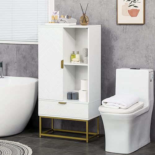 kleankin Armoire Salle de Bain Meuble de Rangement 1 Placard Porte, 2 niches, 1 tiroir - Design Contemporain Graphique - en Bois et Acier - dim. 60L x 30l x 120H cm Blanc - Nail Gallerys