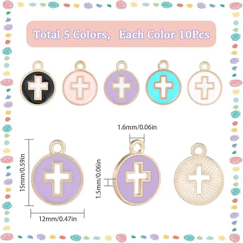 SUNNYCLUE 1 boîte 50 pièces Breloques Croix en Vrac Noir Blanc Émail Croix Breloque Plat Rond Coloré Crucifix Vacances de Pâques Breloques Creuses pour la Fabrication de Bijoux Breloques Femmes Bricol - Nail Gallerys