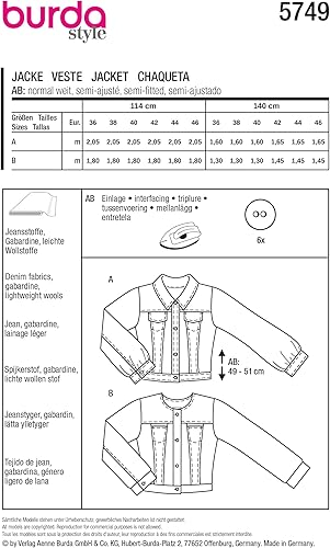 Burda style 5749 Patron de couture pour femme Veste en jean avec col rabattu et veste avec ouvertures Tailles 36-46 - Nail Gallerys