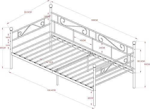 LiePu Lit Banquette Canapé Lit en Fer Forgé, Lit de Jour en Métal Lit Simple pour Enfant Adulte, 90 x 190cm, Noir - Nail Gallerys