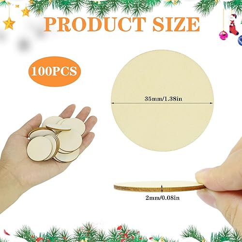 LEIBOCHAO Rondin de Bois Deco, Lot de 100 Rondelles Bois - Diamètre 35mm Épaisseur 2mm, pour Décoration de Vacances et Loisirs Créatifs, Étiquettes Cadeaux et Décorations à Suspendre - Nail Gallerys