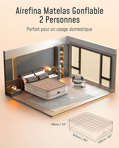 Airefina Matelas Gonflable 2 Personnes avec Pompe Intégrée, Gonflage Rapide en 3 Minutes, Matelas Gonflable pour Le Camping et la Maison-152 x 203 x 40 cm, 317kgs Max - Nail Gallerys