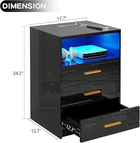 Lvifur LED Table de Chevet avec Station de Charge sans Fil,Table de Nuit Brillante avec écran Tactile,Armoire de Chevet avec 3 tiroirs et Charge USB/Type-C Convient pour Le Salon et la Chambre - Nail Gallerys