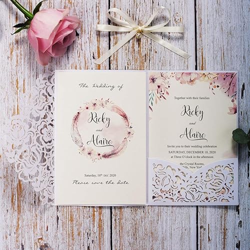 KUCHYNEE 20Pcs Cartes d'invitation de mariage blanches avec une flore découpée au Laser et des enveloppes pour l'obtention du diplôme d'anniversaire de fiançailles - Nail Gallerys