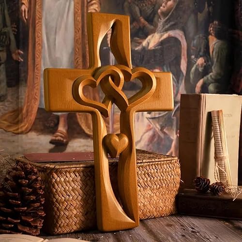 Croix d'amour en bois – Croix murale en bois sculpté à la main | Croix murale chrétienne sculptée à la main, et élégante, décoration pour entrée, salon, décoration d'intérieur - Nail Gallerys
