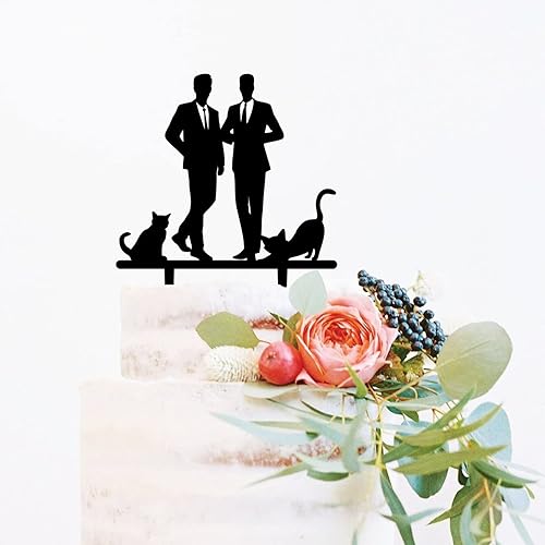 Décoration de gâteau gay – His and His – Élégante – 2 mariés avec chien et chat – Décorations de fête de mariage - Nail Gallerys