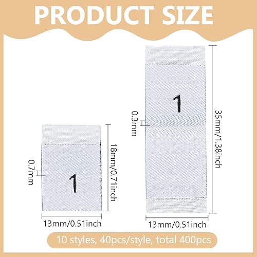 BENECREAT 400 étiquette de Taille de Vêtements en Polyester de 10 styles Étiquettes de Couture Blancs pour Vêtements et Accessoires Robes Combinaisons Chemises Ou Serviettes (Nombres 1~10) - Nail Gallerys