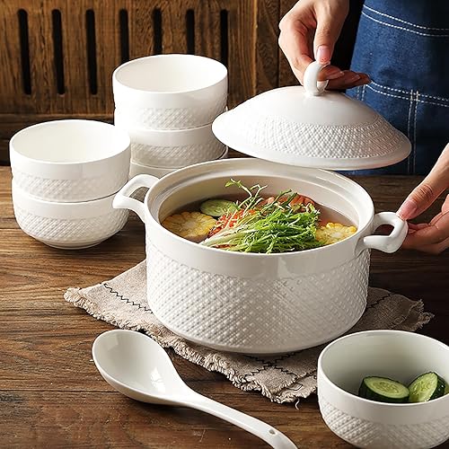 NNYCC Soupière avec Bols, Soupe Service Bol en Porcelaine avec Couvercle et Louche Ensemble de Vaisselle Blanche pour la Cuisine à Domicile et le Restaurant,1.8l+4 - Nail Gallerys