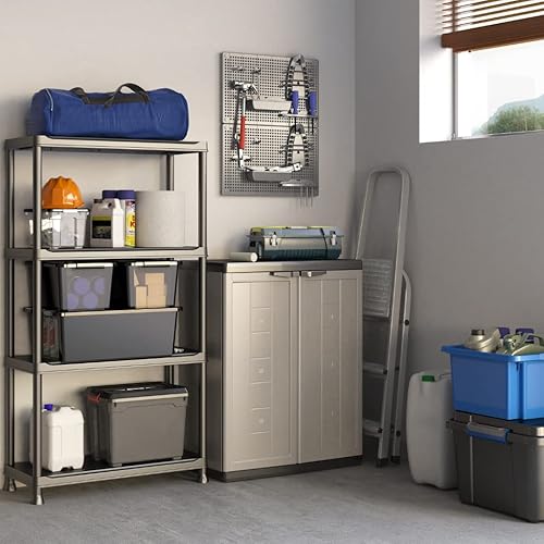 KETER Armoire Basse JOLLY - Armoire de Rangement en Résine Multifonctions - Étagères Modulables - Cuisine, Garage, Atelier, Placard - 68 x 39 x 85 cm - Blanc-Gris - Nail Gallerys