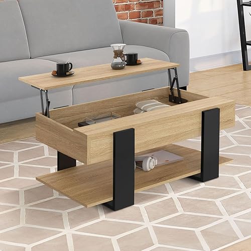 IDMarket - Table Basse Plateau relevable intégral rectangulaire Phoenix et étagère inférieure Bois et Noir - Nail Gallerys