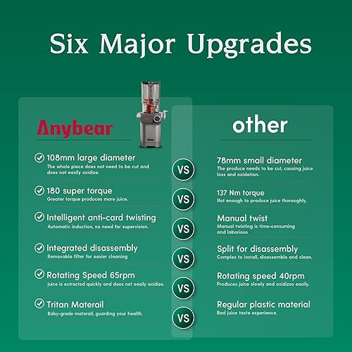 Anybear Extracteur de Jus à Froid, 200W Masticien Extracteur de Jus, 110cm Grande Gamelle pour Fruits et Légumes Entiers, Extracteur de jus Lent, Matériaux Tritan, Sans BPA (Argent) - Nail Gallerys