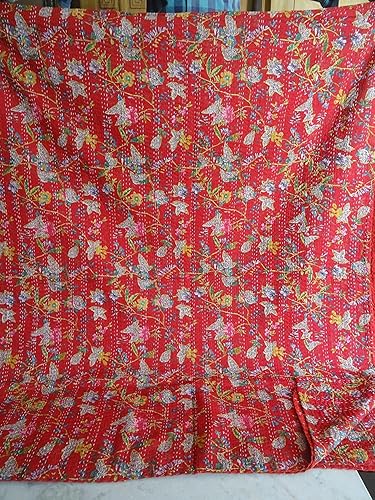 Sophia-Art Couvre-lit Kantha indien 100 % fait à la main – Couvre-lit imprimé fleurs multicolores oiseaux de paradis, bohème, méditerranéen vintage - Nail Gallerys
